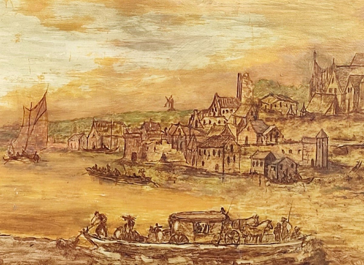 Jan van Goyen (cercle) Port  au coucher du soleil' huile sur panneau parqueté cm.67x 100-photo-3