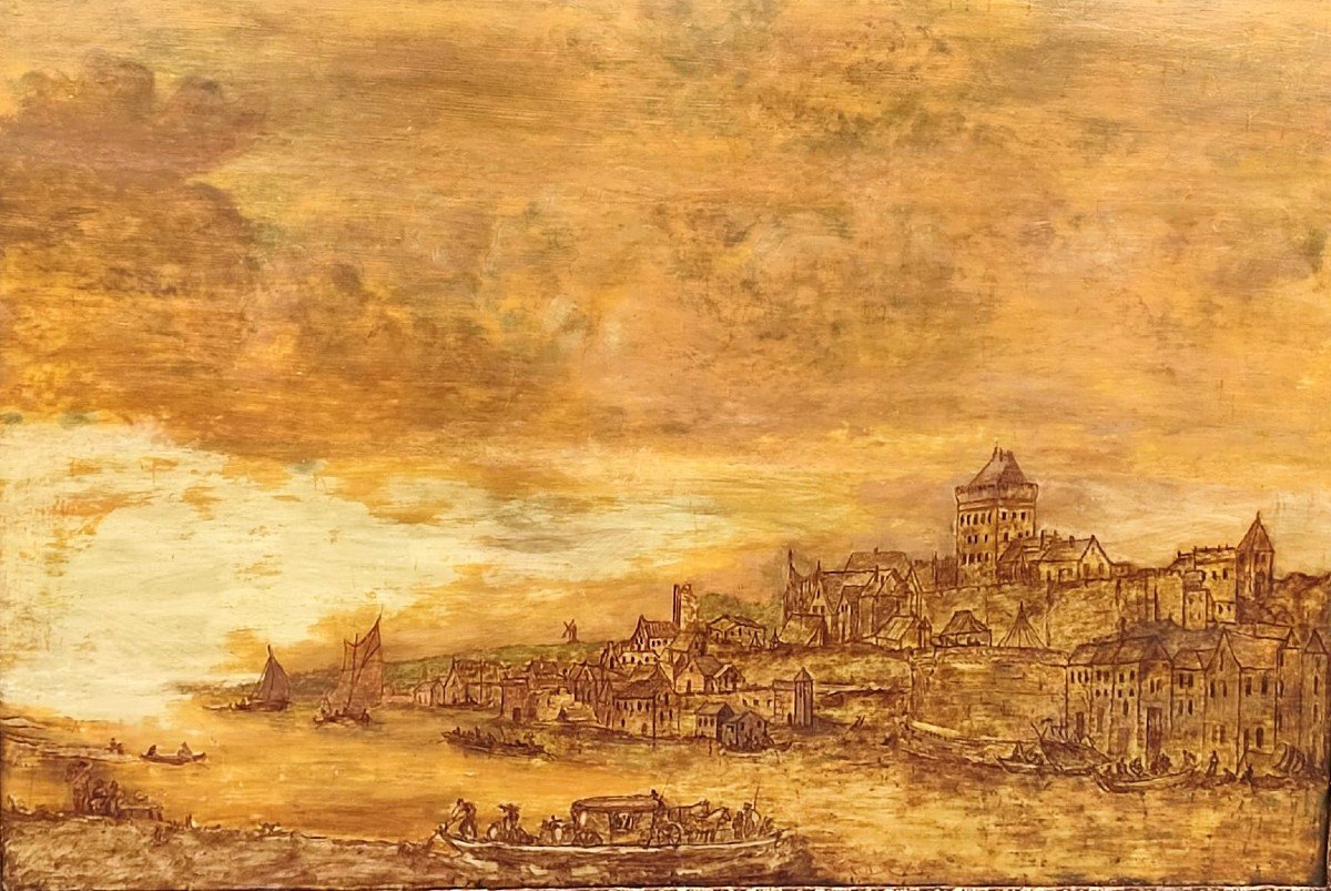 Jan van Goyen (cercle) Port  au coucher du soleil' huile sur panneau parqueté cm.67x 100