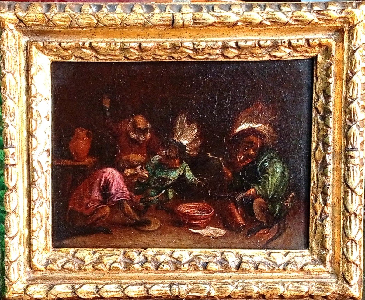 David Teniers II The Youngher 'Monkey Feast' Huile sur toile avec cadre original (cm.19x24,5) -photo-2