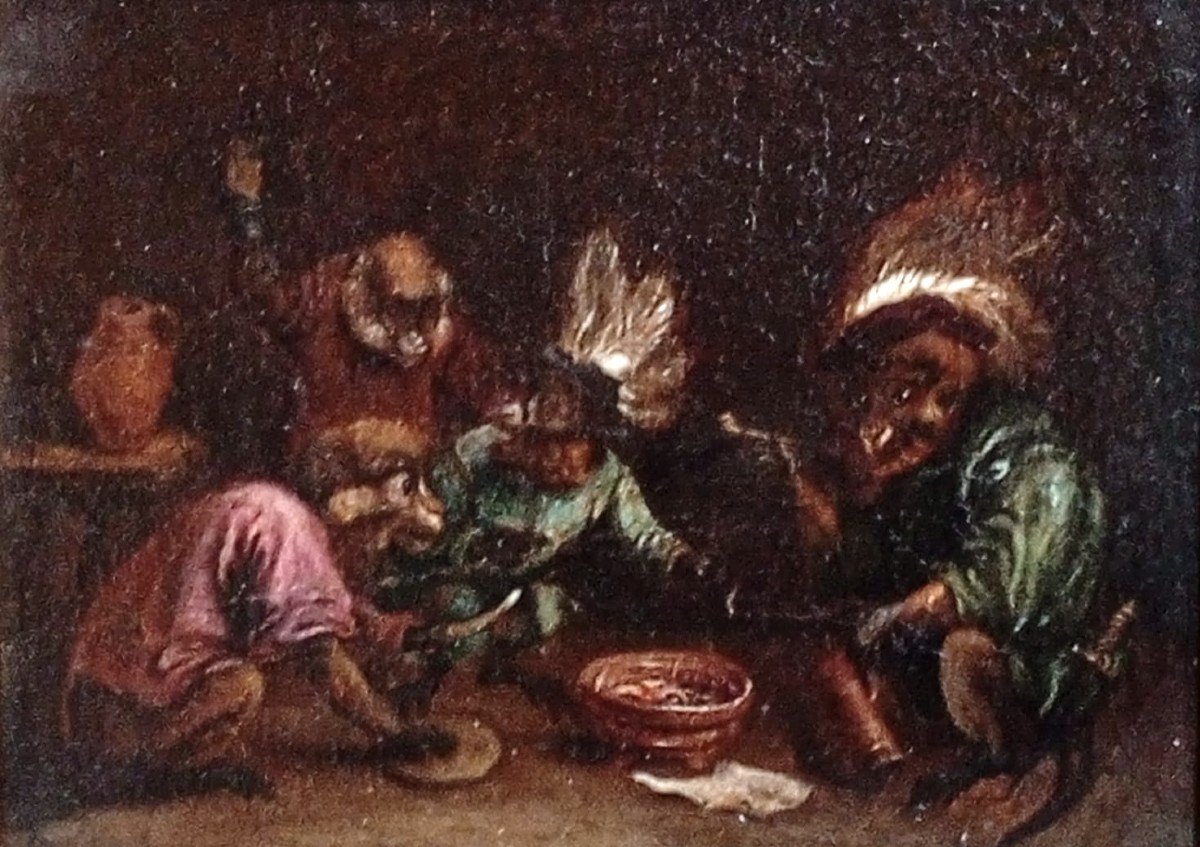 David Teniers II The Youngher 'Monkey Feast' Huile sur toile avec cadre original (cm.19x24,5) -photo-3