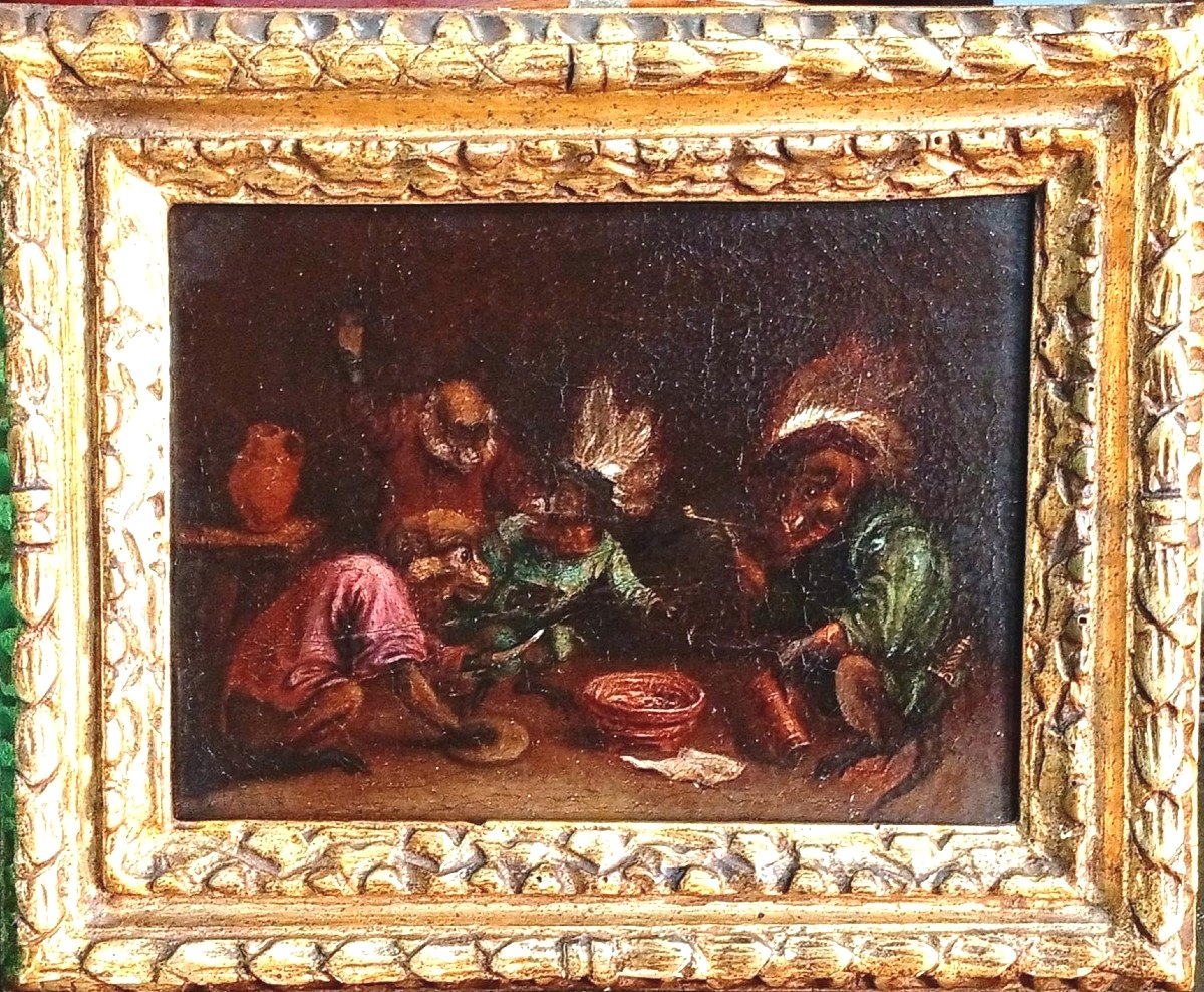 David Teniers II The Youngher 'Monkey Feast' Huile sur toile avec cadre original (cm.19x24,5) -photo-2