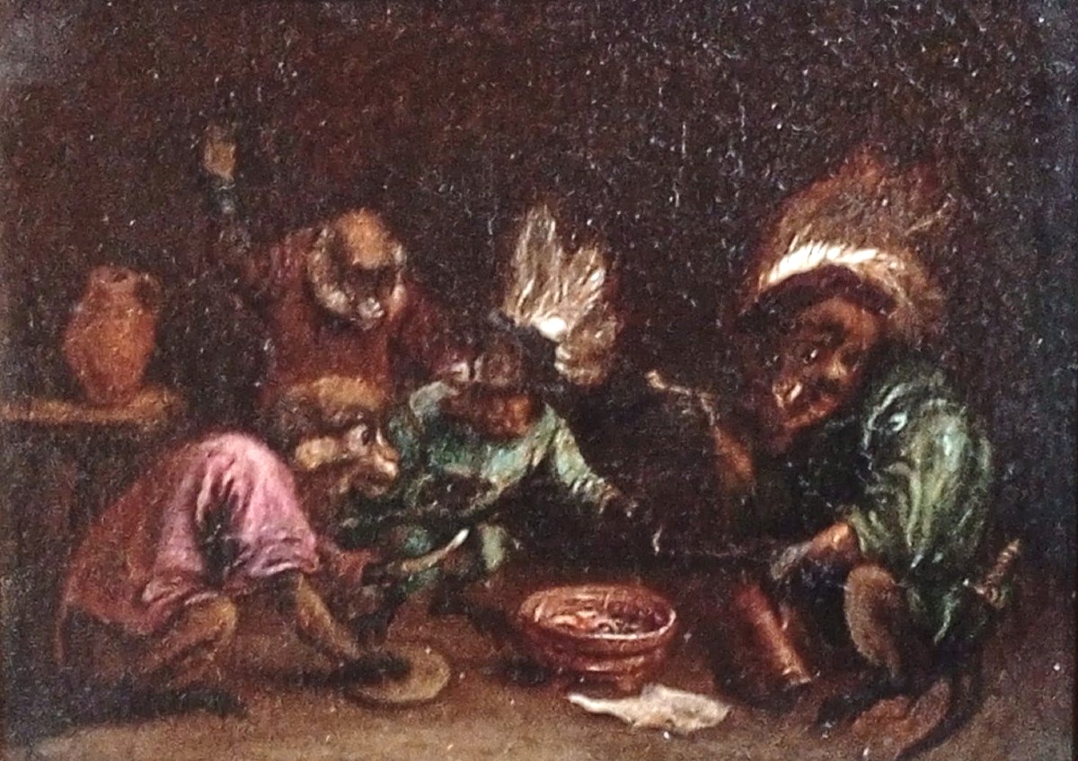 David Teniers II The Youngher 'Monkey Feast' Huile sur toile avec cadre original (cm.19x24,5) -photo-3