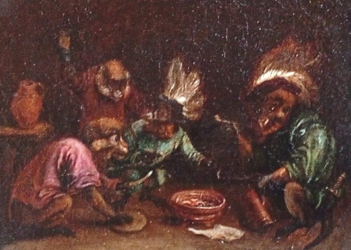 David Teniers II The Youngher 'Monkey Feast' Huile sur toile avec cadre original (cm.19x24,5) 