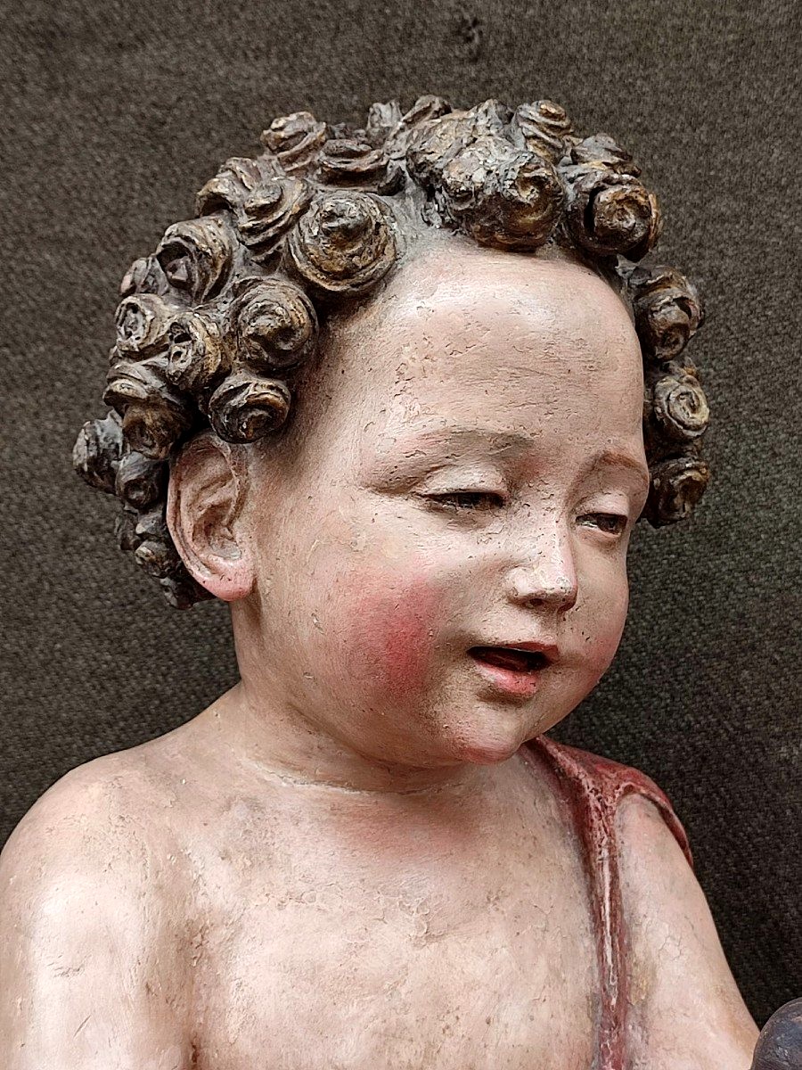Antonio Begarelli - « Saint Jean-Baptiste enfant à l'oiseau » Terre cuite polychrome. -photo-3