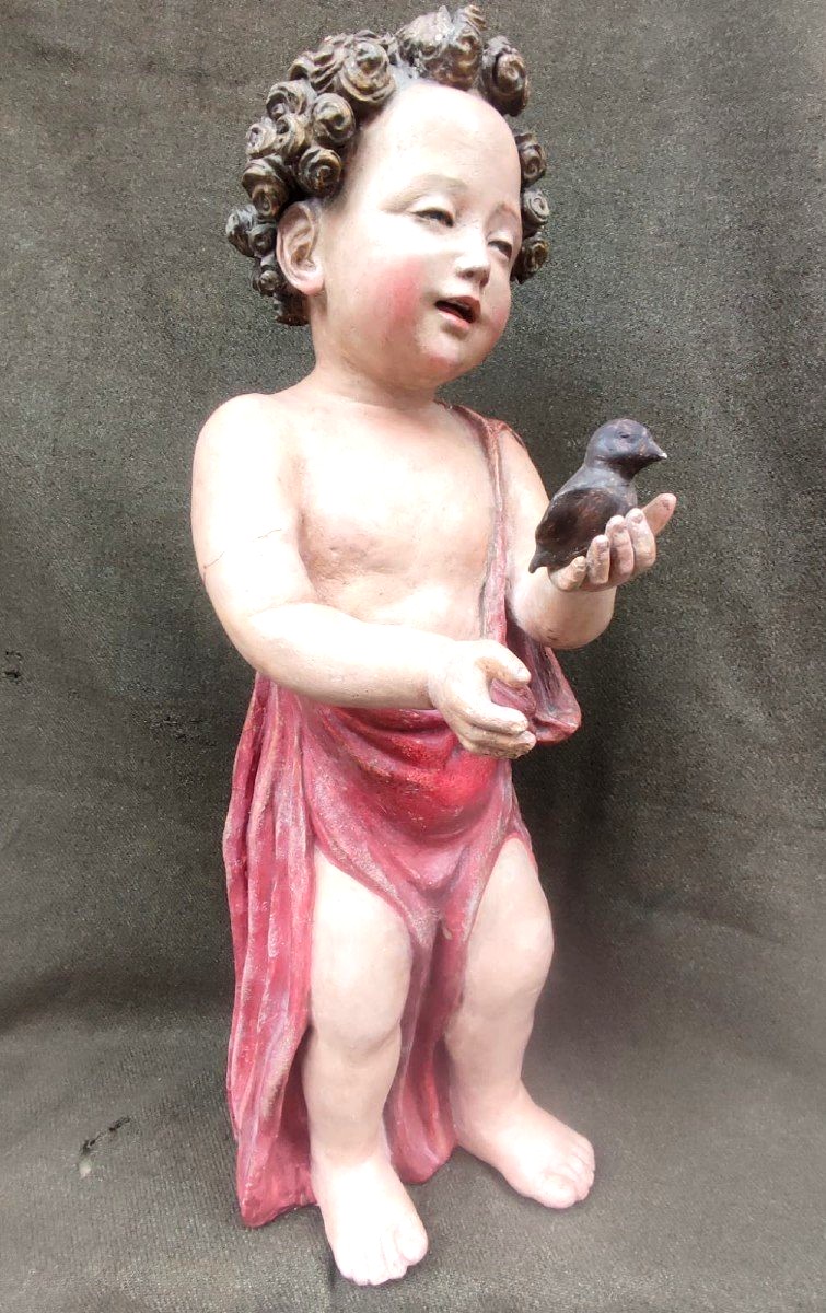 Antonio Begarelli - « Saint Jean-Baptiste enfant à l'oiseau » Terre cuite polychrome. -photo-2