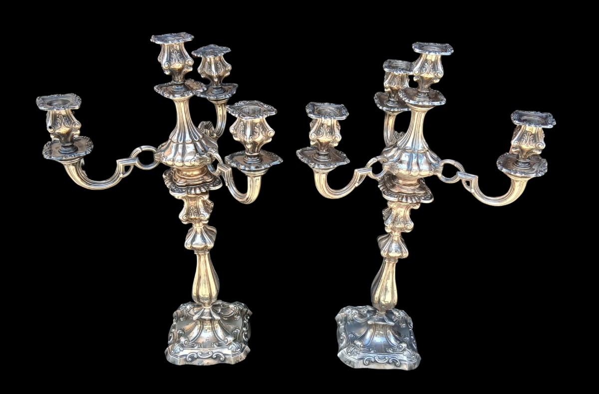 Pair Of Four-light Silver Candlesticks  Hallmarks Of The City Of Turin, Carlo Balbino 1835/45  