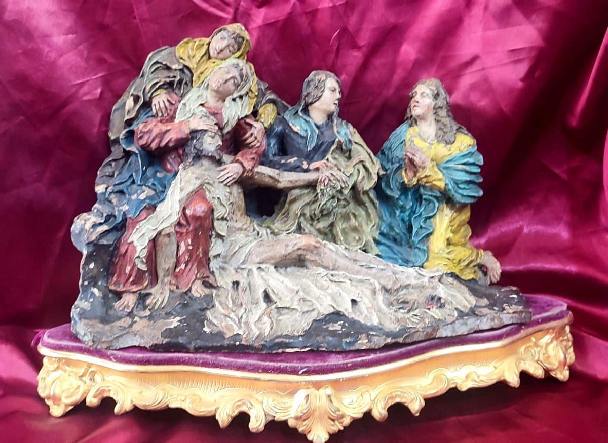 'lamentation Over The Dead Christ' Polychrome Sculpture Signed 'antonio Dalrè' 1627.-photo-3