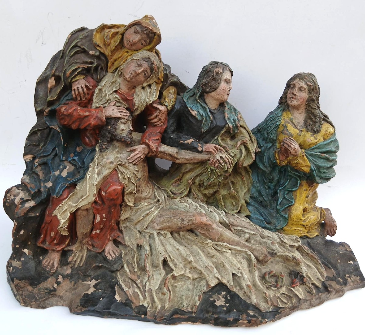 'lamentation Over The Dead Christ' Polychrome Sculpture Signed 'antonio Dalrè' 1627.