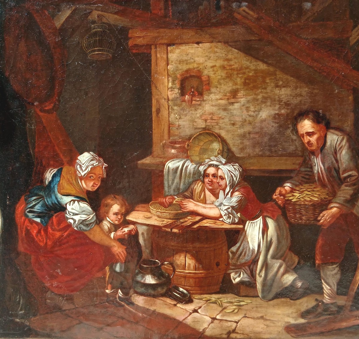 Jean Baptiste Greuze 'the Pea Feast' 38 X 46 Cm. Signed Work.