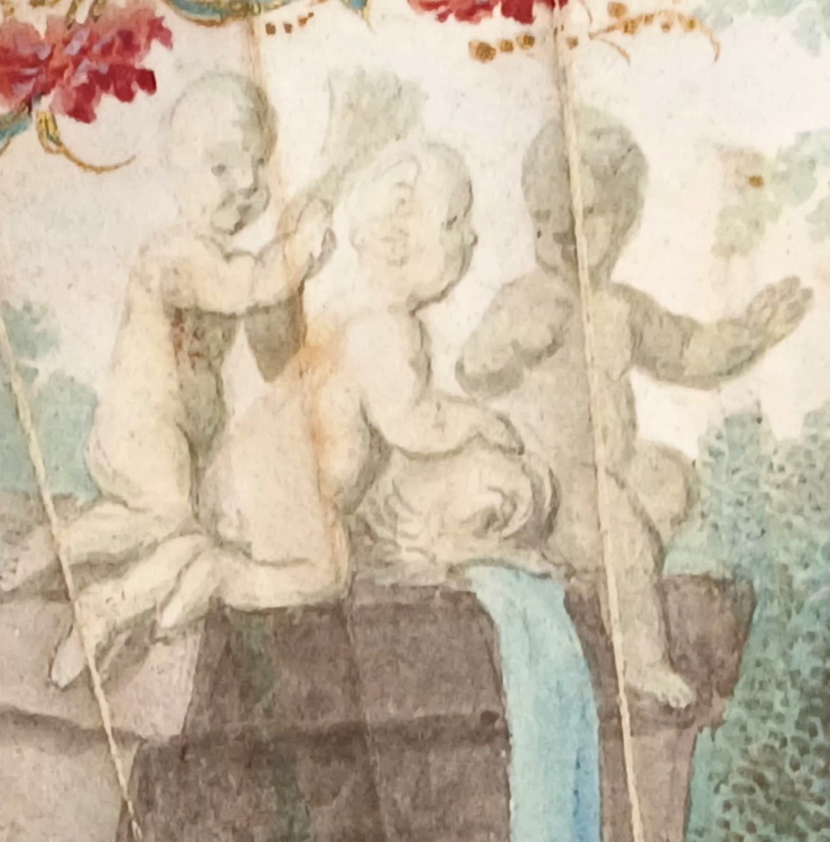  Éventail Louis XV peint sur peau de cygne dans le goût de Watteau. Baleines en ivoire sculpté.-photo-4