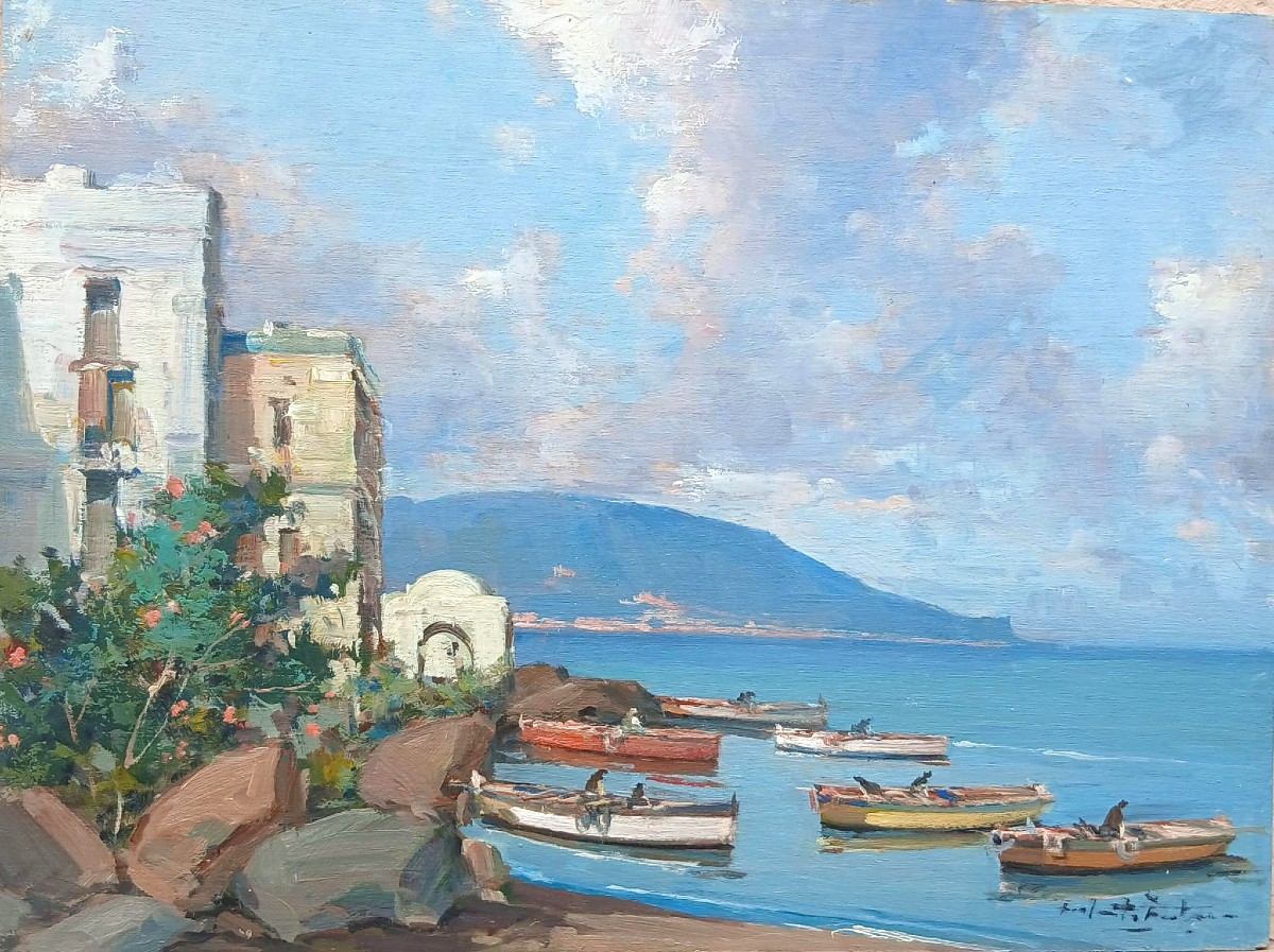 Pair Of Oil-on-panel Seascapes Depicting Small Bays With Houses, Boats, And Fishermen. 30x40 Cm-photo-2