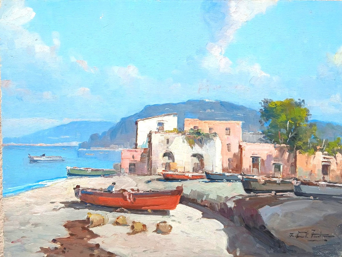 Pair Of Oil-on-panel Seascapes Depicting Small Bays With Houses, Boats, And Fishermen. 30x40 Cm-photo-3