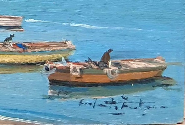 Pair Of Oil-on-panel Seascapes Depicting Small Bays With Houses, Boats, And Fishermen. 30x40 Cm-photo-4