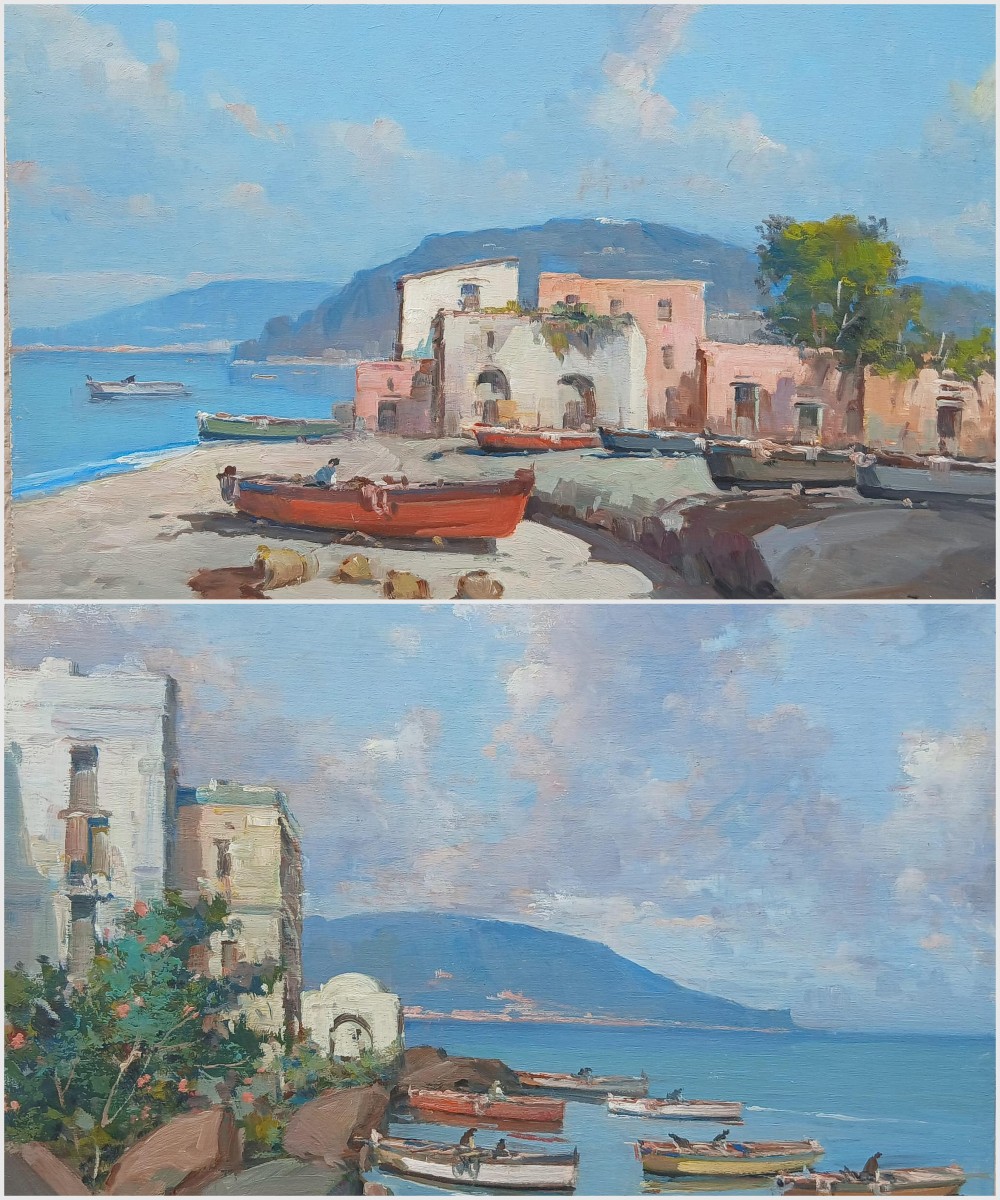 Pair Of Oil-on-panel Seascapes Depicting Small Bays With Houses, Boats, And Fishermen. 30x40 Cm