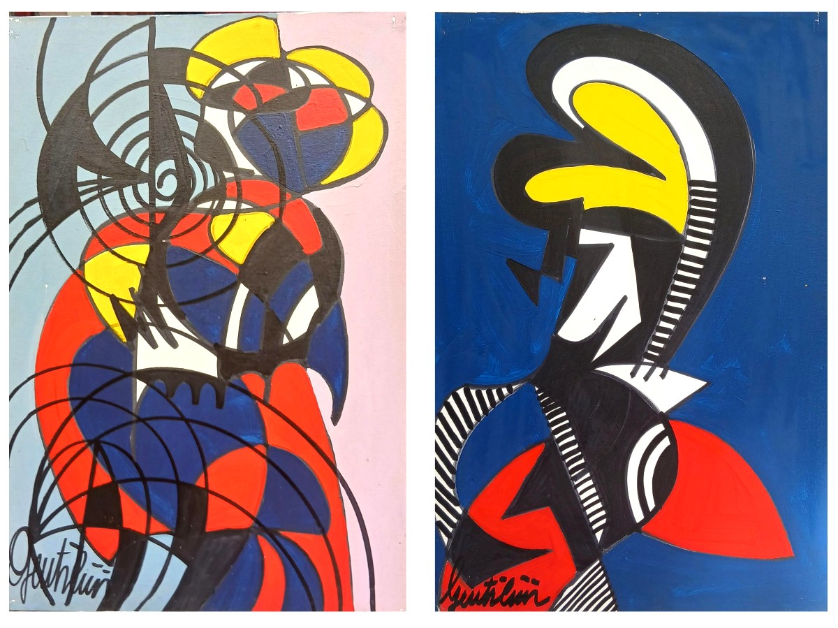  Aldo Gentilini, Pair Of Acrylics On Canvas. Vintage, 1960s - 100x70 Cm.