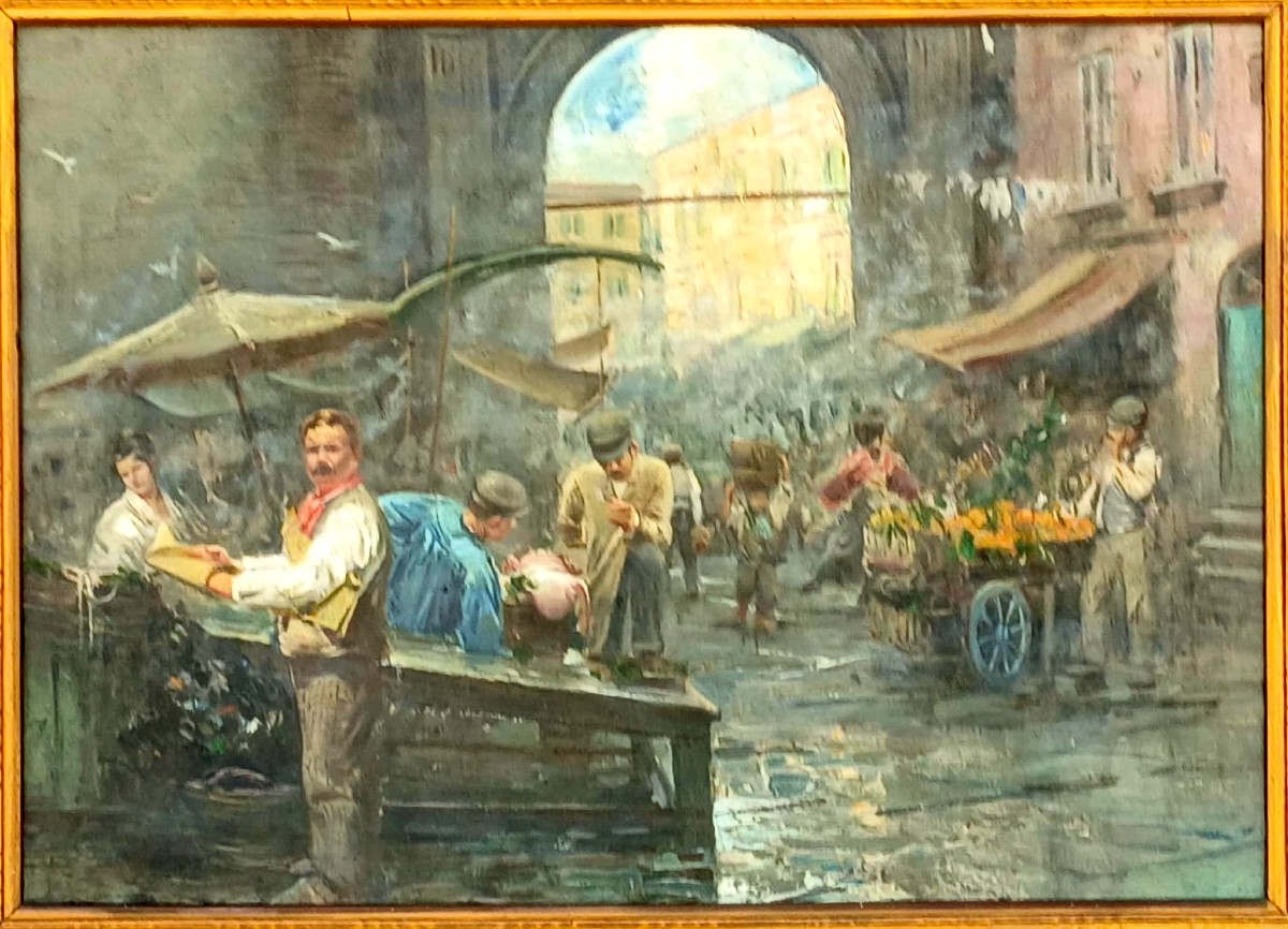 A Chaotic Scene From A Late 19th-century Naples Market. Noises, Smells, Smoke, And Voices... 