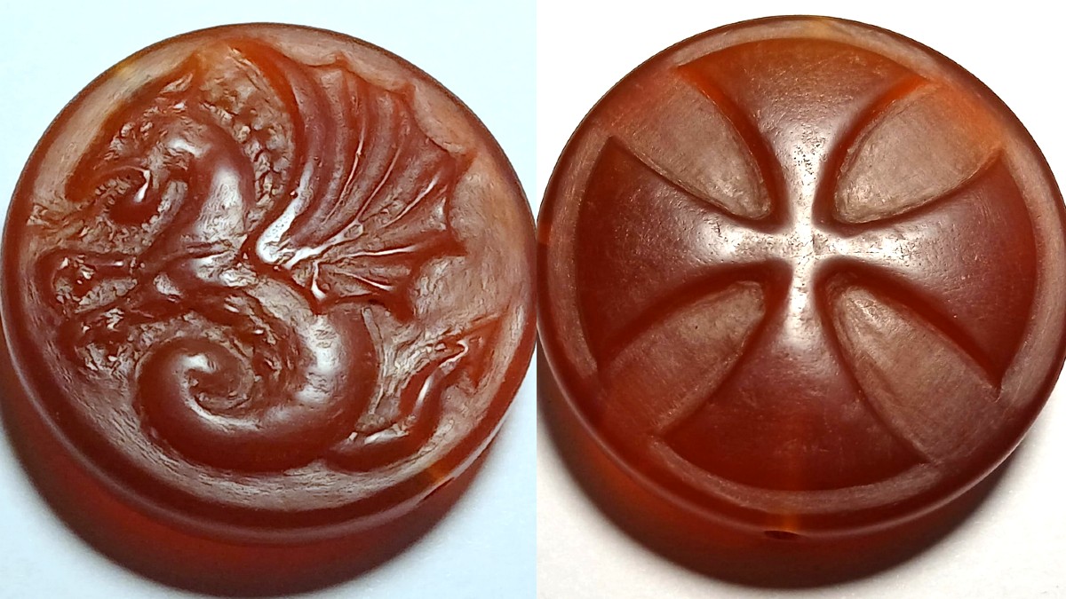 The Dragon And The Templar Cross. An Extremely Rare Medallion Carved In Carnelian.