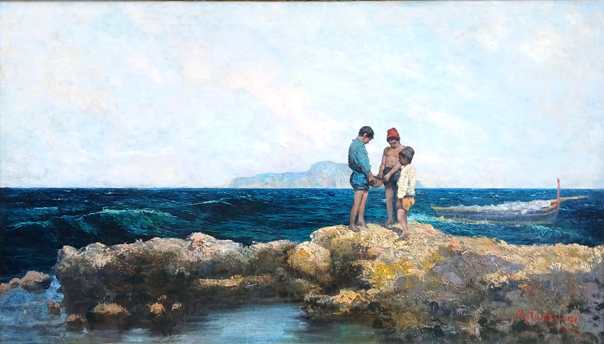 Michele Cortegiani 'Pescatorelli tra gli scogli ' Palermo 1857-1928  Olio su tela cm. 80 X 140-photo-2