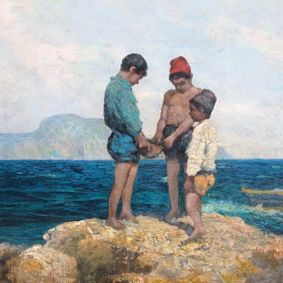 Michele Cortegiani 'Pescatorelli tra gli scogli ' Palermo 1857-1928  Olio su tela cm. 80 X 140-photo-3
