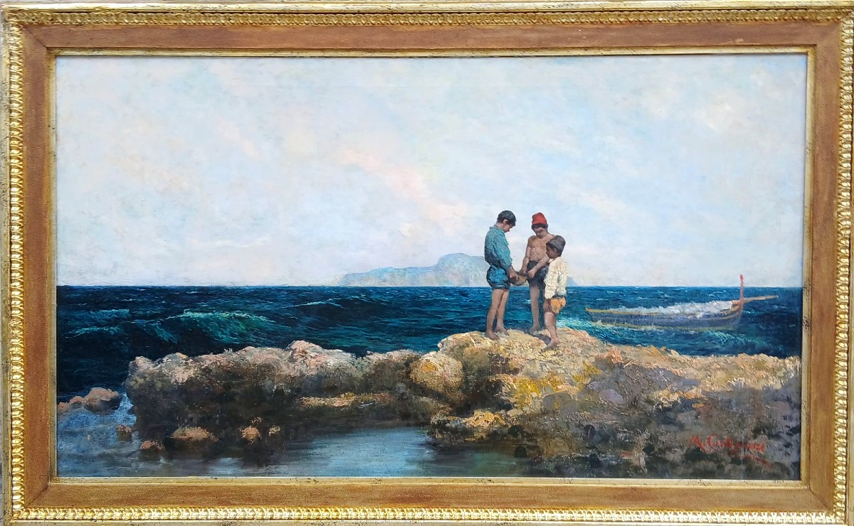 Michele Cortegiani 'Pescatorelli tra gli scogli ' Palermo 1857-1928  Olio su tela cm. 80 X 140