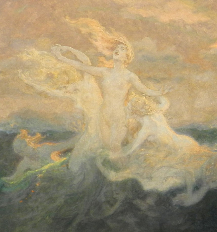 Walter Crane, « La Danse des Sirènes », huile sur toile, signée W.C., 100 x 200 cm. ( Volée ) -photo-2