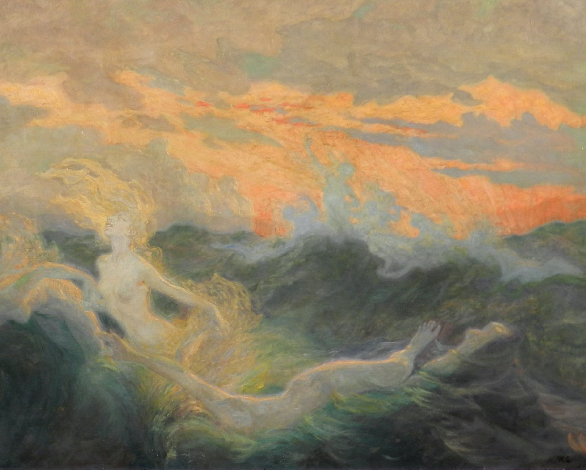 Walter Crane, « La Danse des Sirènes », huile sur toile, signée W.C., 100 x 200 cm. ( Volée ) -photo-3