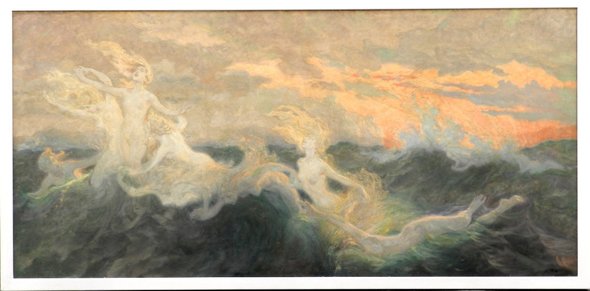 Walter Crane, « La Danse des Sirènes », huile sur toile, signée W.C., 100 x 200 cm. ( Volée ) 