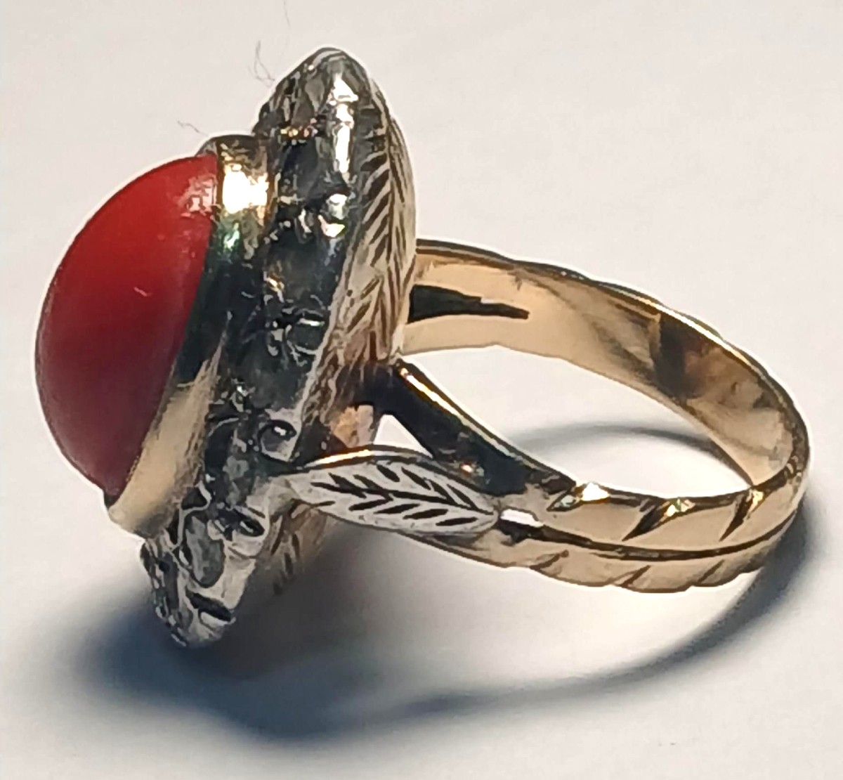 Gold Ring Set With A Mediterranean Coral Cabochon And Diamond Roses. Sicily, 1960-70-photo-4