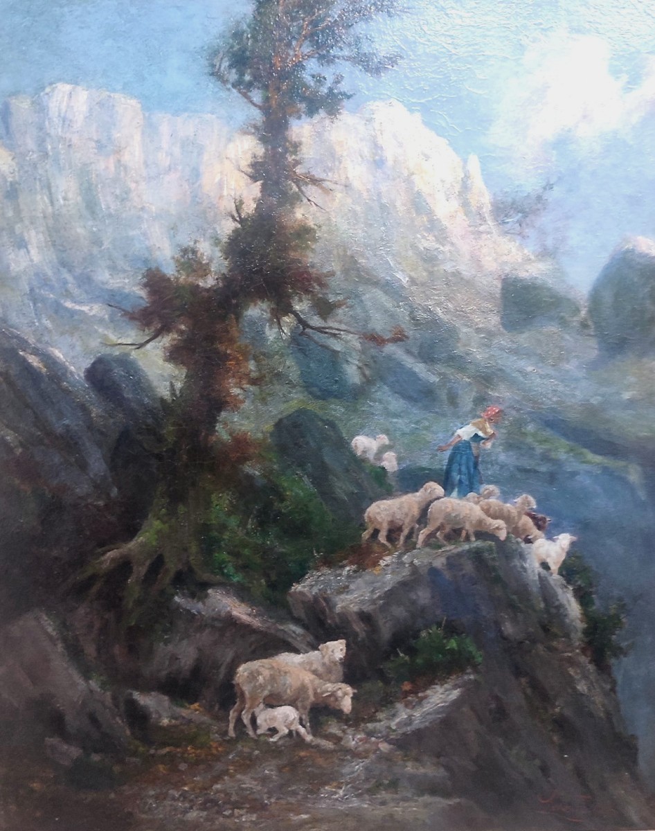 Antonino Leto 'grazing On Mount Solaro' Oil On Canvas 145x122 Cm.
