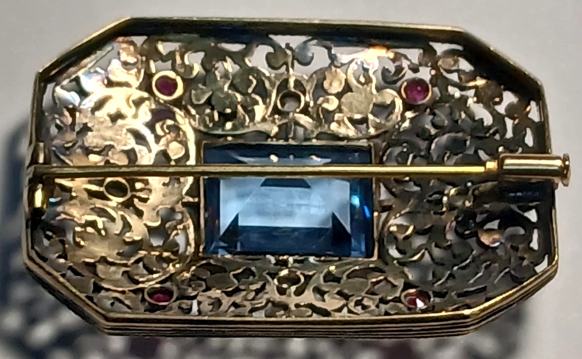 A Gold And Cupella Lace-style Brooch With Blue Topaz, Diamonds, And Rubies. Liberty Style.-photo-2