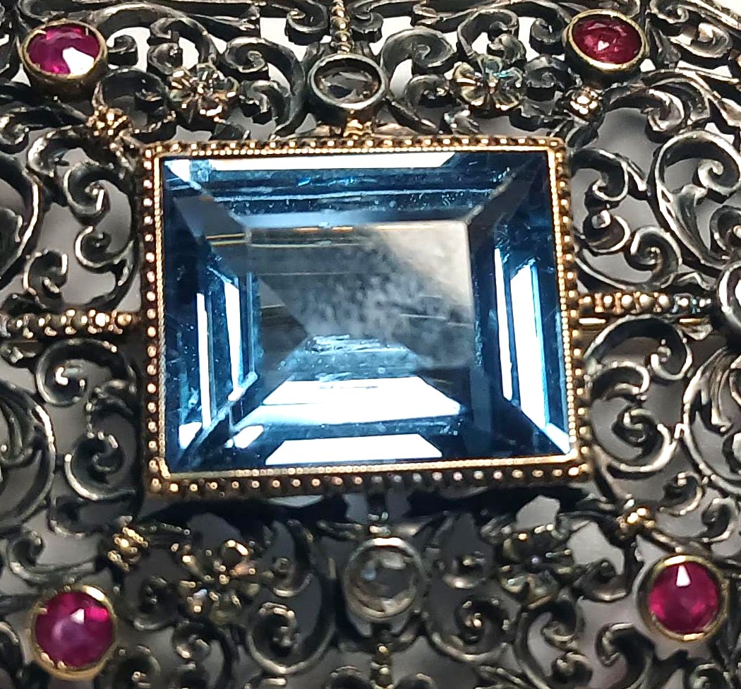 A Gold And Cupella Lace-style Brooch With Blue Topaz, Diamonds, And Rubies. Liberty Style.-photo-4