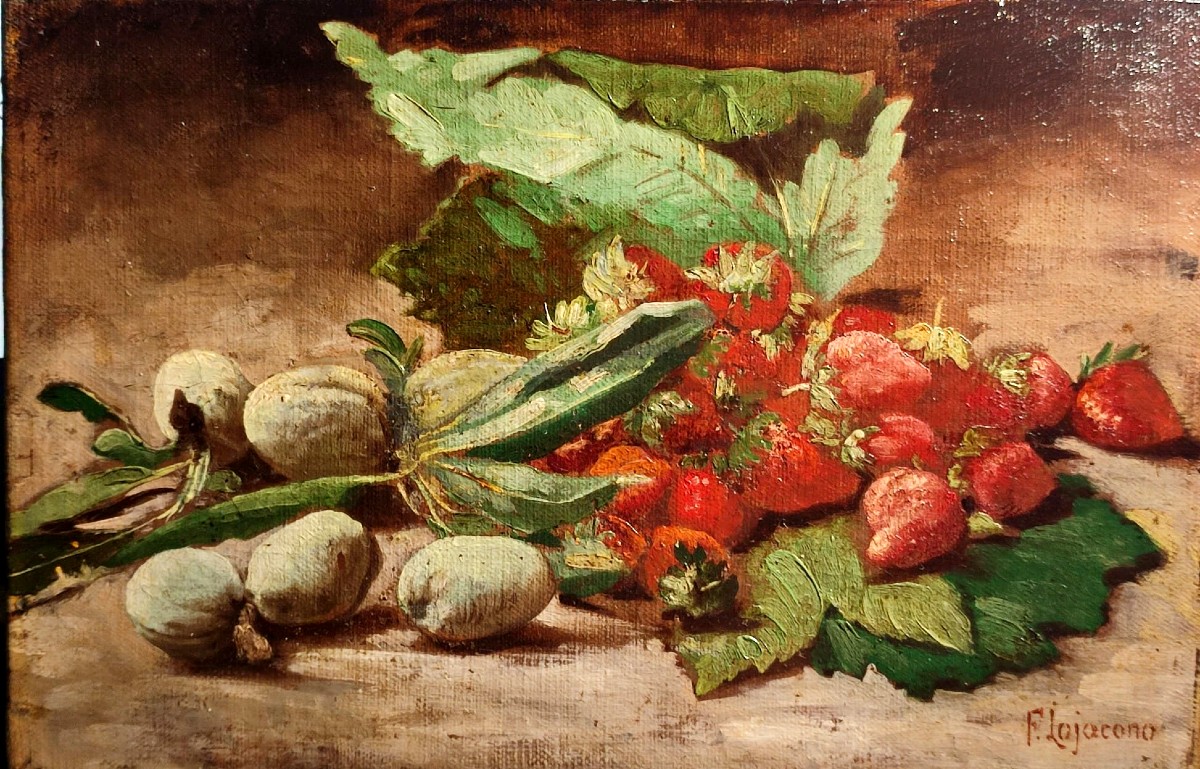 Francesco Lo Jacono 'still Life 'almonds And Strawberries' Within An Ebonized Frame.