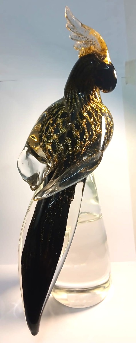  Alberto Donà Murano 1980. Perroquet en verre soufflé avec treillis plaqué or. (c.34)-photo-4