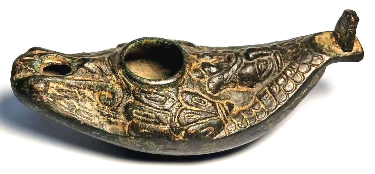 Odin Wrapped In A Feather Cloak. Viking Bronze Lamp With Traces Of Gold. Lorraine, 9th-11th Cen