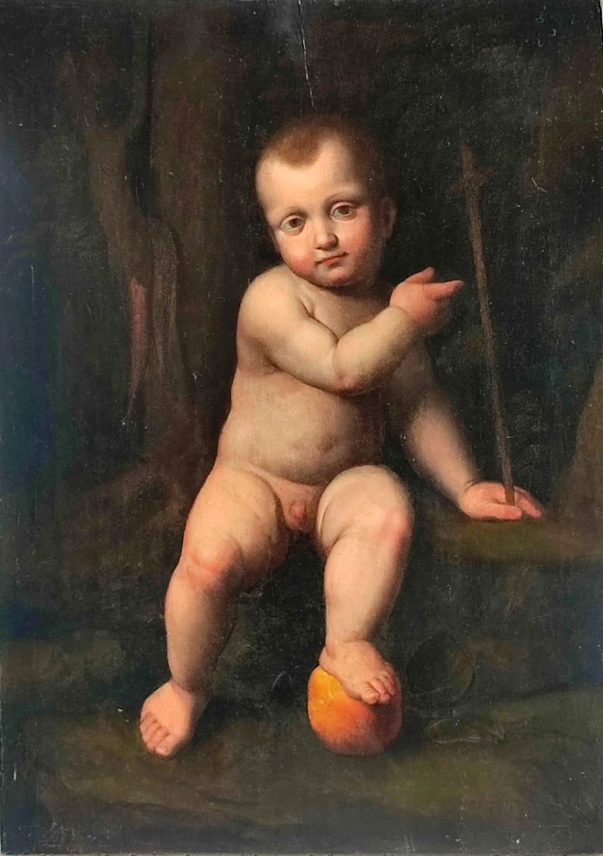 Marco d'Oggiono. L'Enfant saint Jean-Baptiste, superbe peinture sur panneau cm. 62x37 