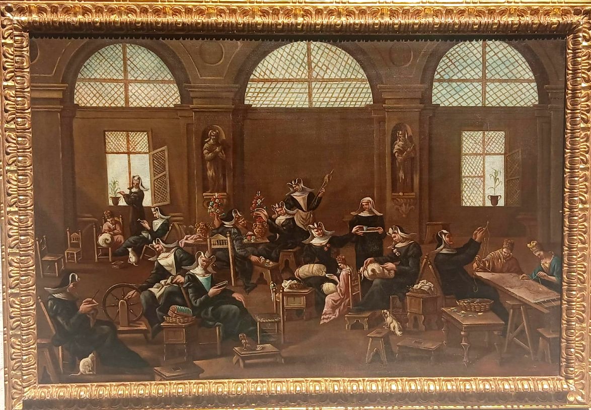 « Détente au couvent », huile sur toile, école de Magnasco, fin du XVIIe siècle. Cadre originel
