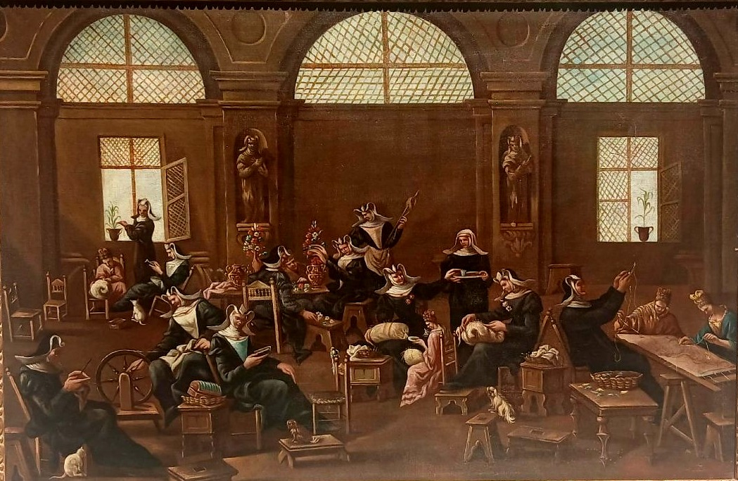 « Détente au couvent », huile sur toile, école de Magnasco, fin du XVIIe siècle. Cadre originel