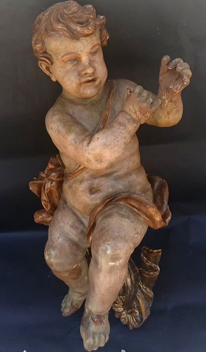 Lacquered And Gilded Wooden Cherub. Genoa, 17th Century, 66 Cm On A Gilded Louis XVI Base.-photo-2