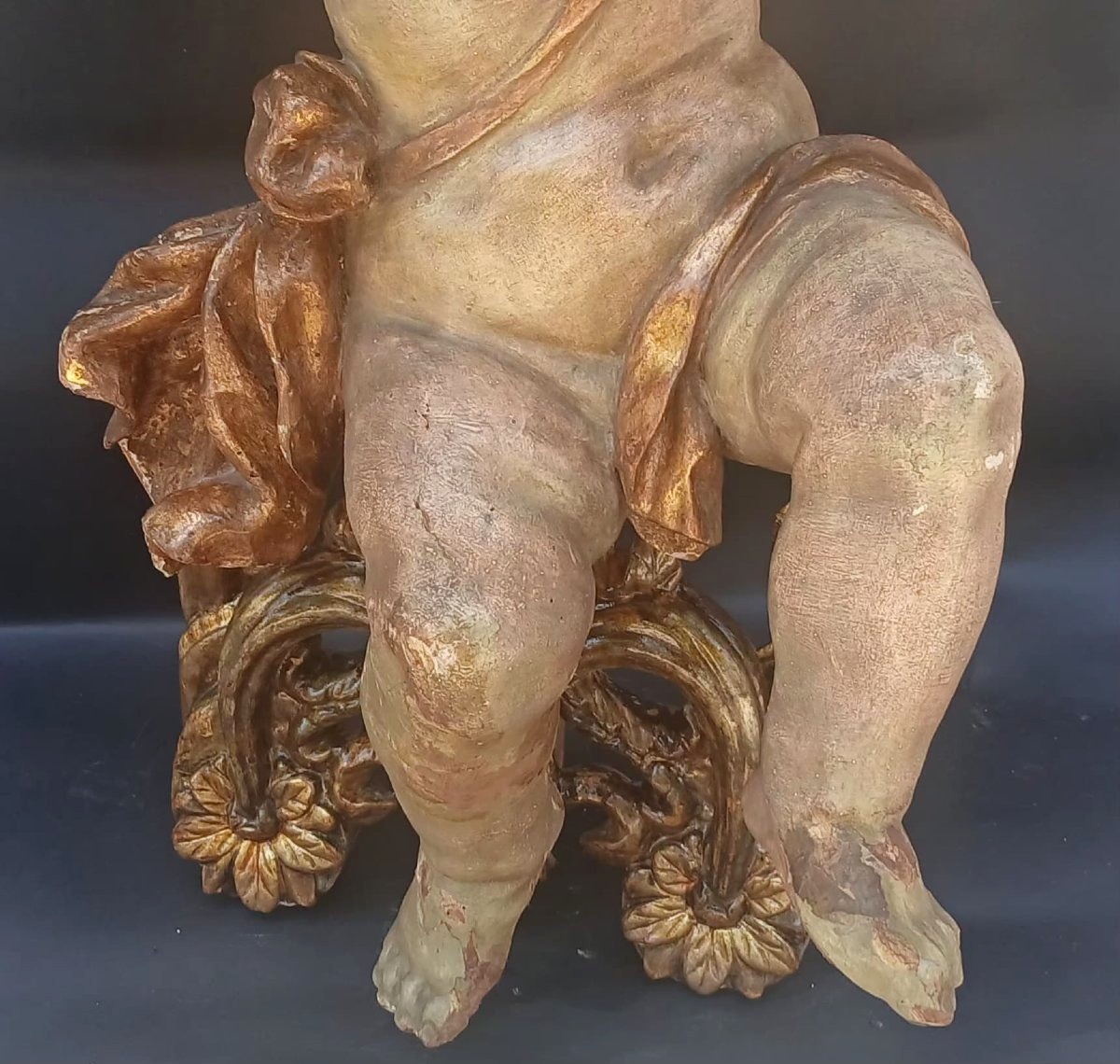 Lacquered And Gilded Wooden Cherub. Genoa, 17th Century, 66 Cm On A Gilded Louis XVI Base.-photo-4