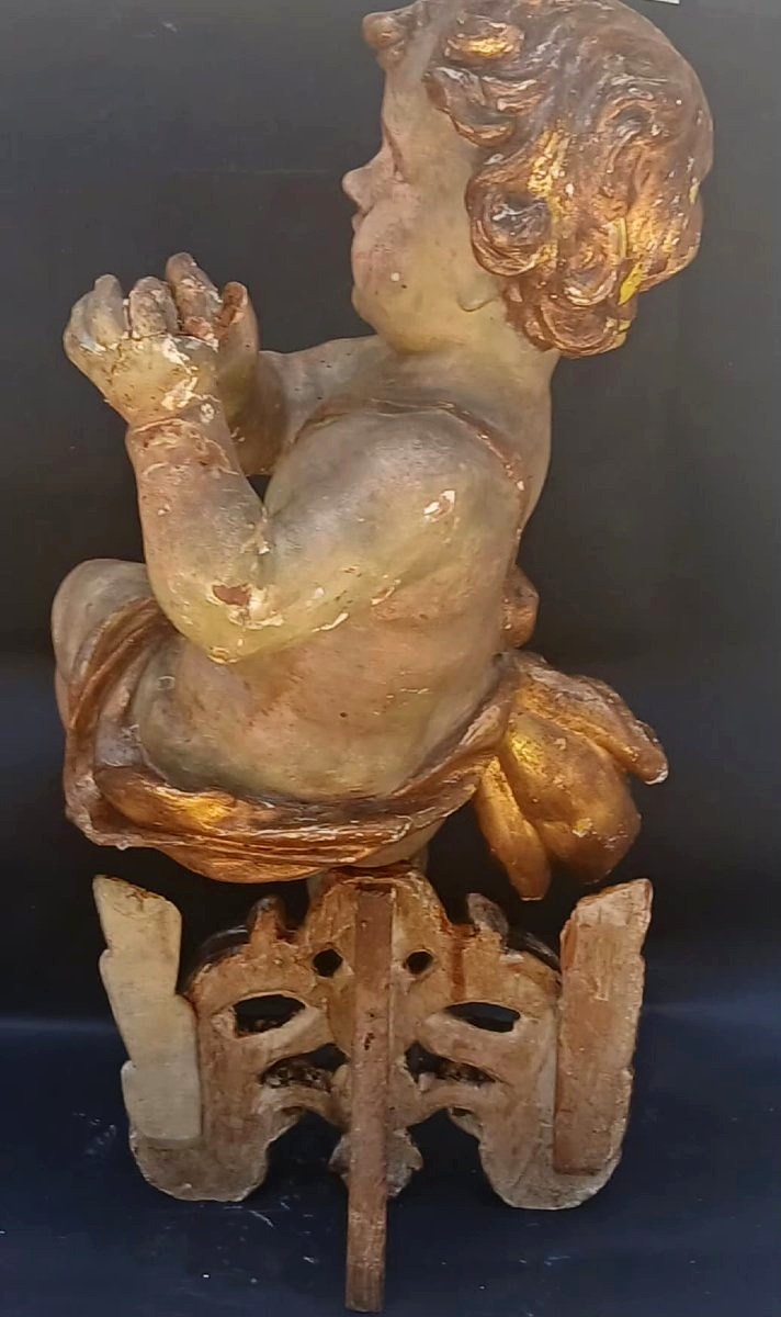 Lacquered And Gilded Wooden Cherub. Genoa, 17th Century, 66 Cm On A Gilded Louis XVI Base.-photo-1