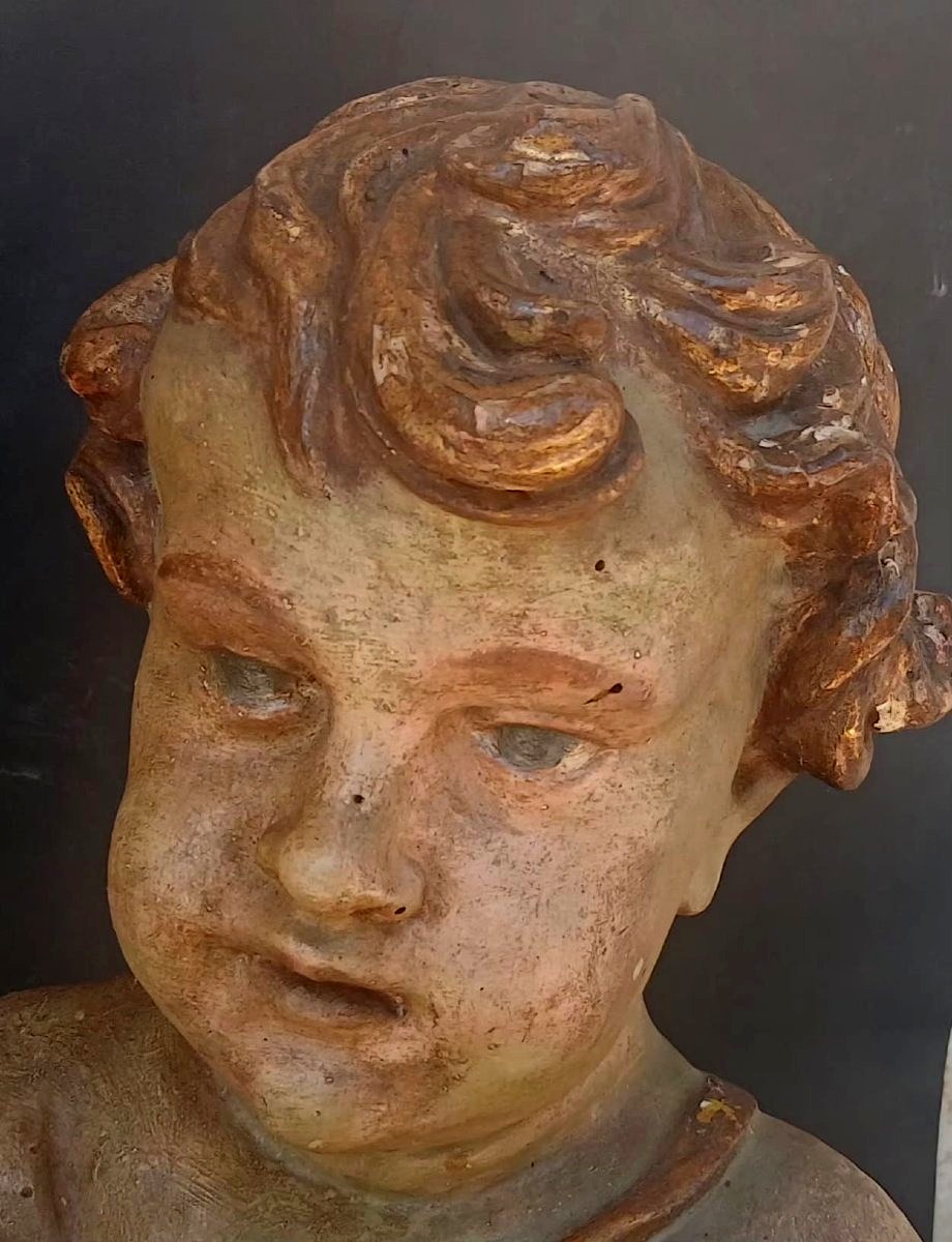 Lacquered And Gilded Wooden Cherub. Genoa, 17th Century, 66 Cm On A Gilded Louis XVI Base.-photo-2