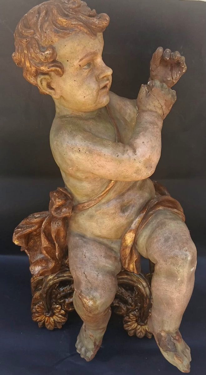Lacquered And Gilded Wooden Cherub. Genoa, 17th Century, 66 Cm On A Gilded Louis XVI Base.-photo-4