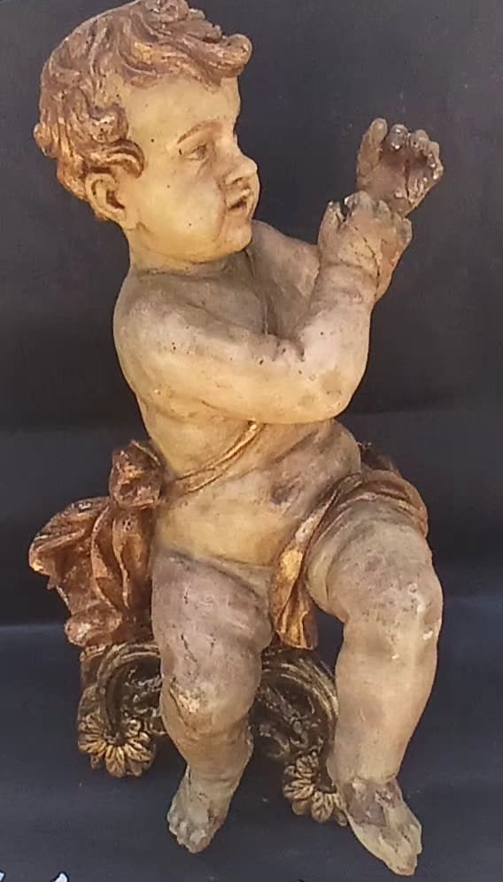Lacquered And Gilded Wooden Cherub. Genoa, 17th Century, 66 Cm On A Gilded Louis XVI Base.