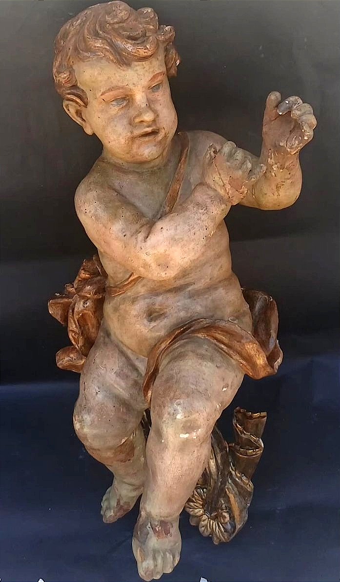 Lacquered And Gilded Wooden Cherub. Genoa, 17th Century, 66 Cm On A Gilded Louis XVI Base.