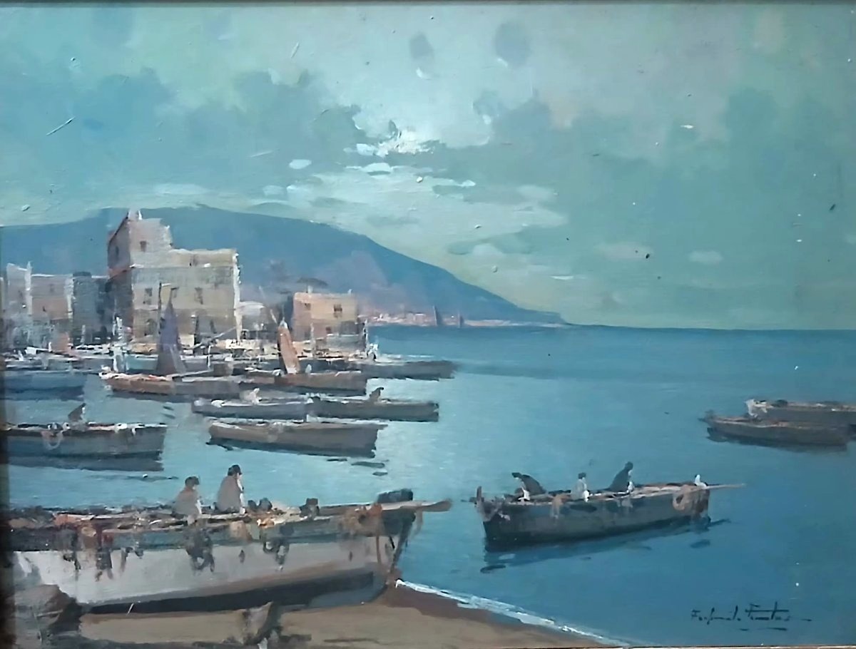 ' Golfe méditerranéen avec des bateaux'huile sur tablette, école de Posillipo F.Fontana.cm30x40-photo-3