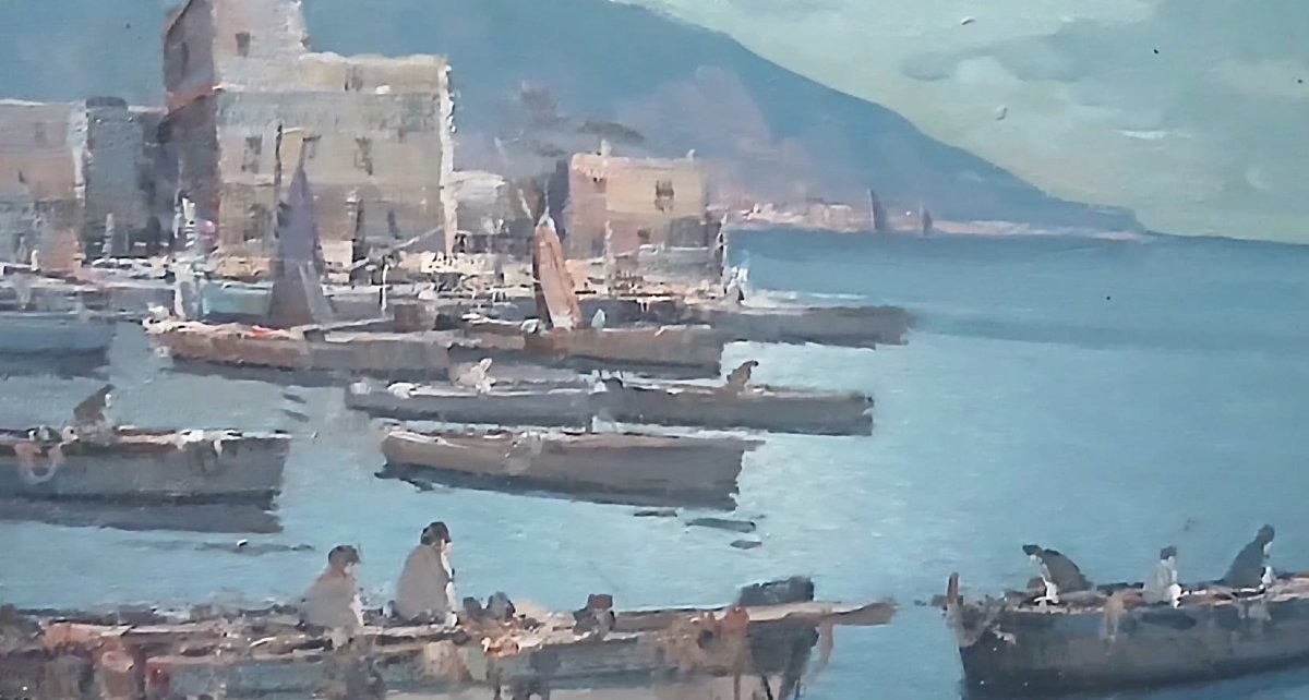 ' Golfe méditerranéen avec des bateaux'huile sur tablette, école de Posillipo F.Fontana.cm30x40-photo-4