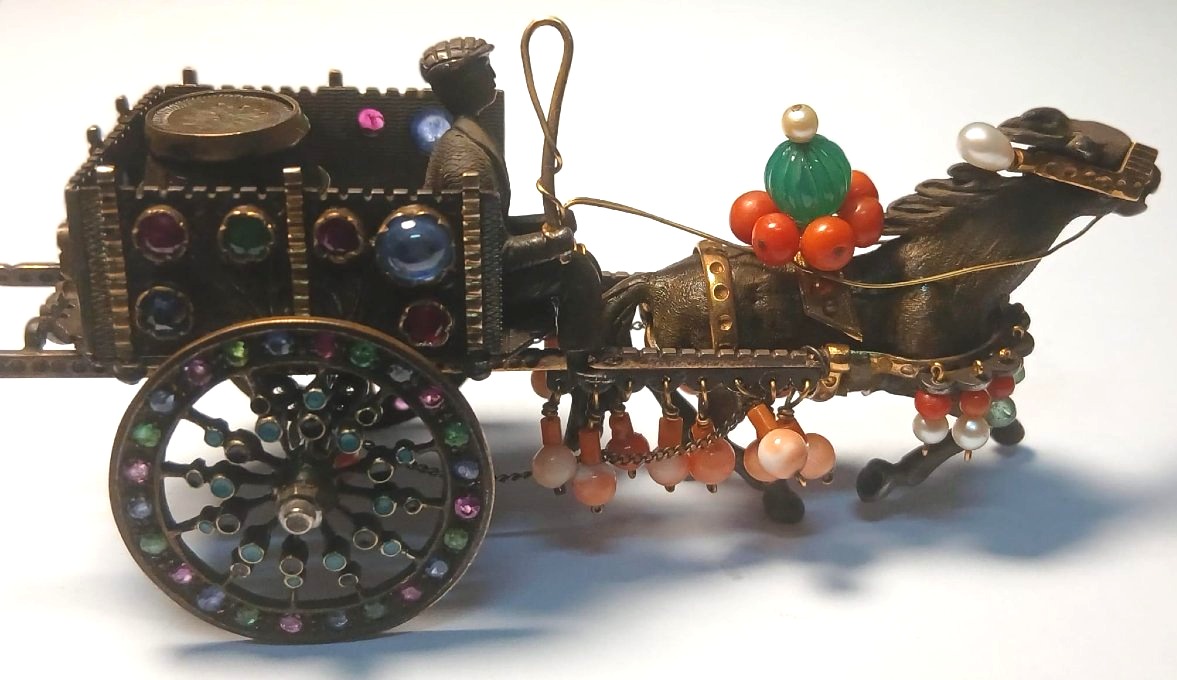  Chariot sicilien en argent et or, orné d'émeraudes, de rubis, de saphirs, de corail et de perl-photo-2