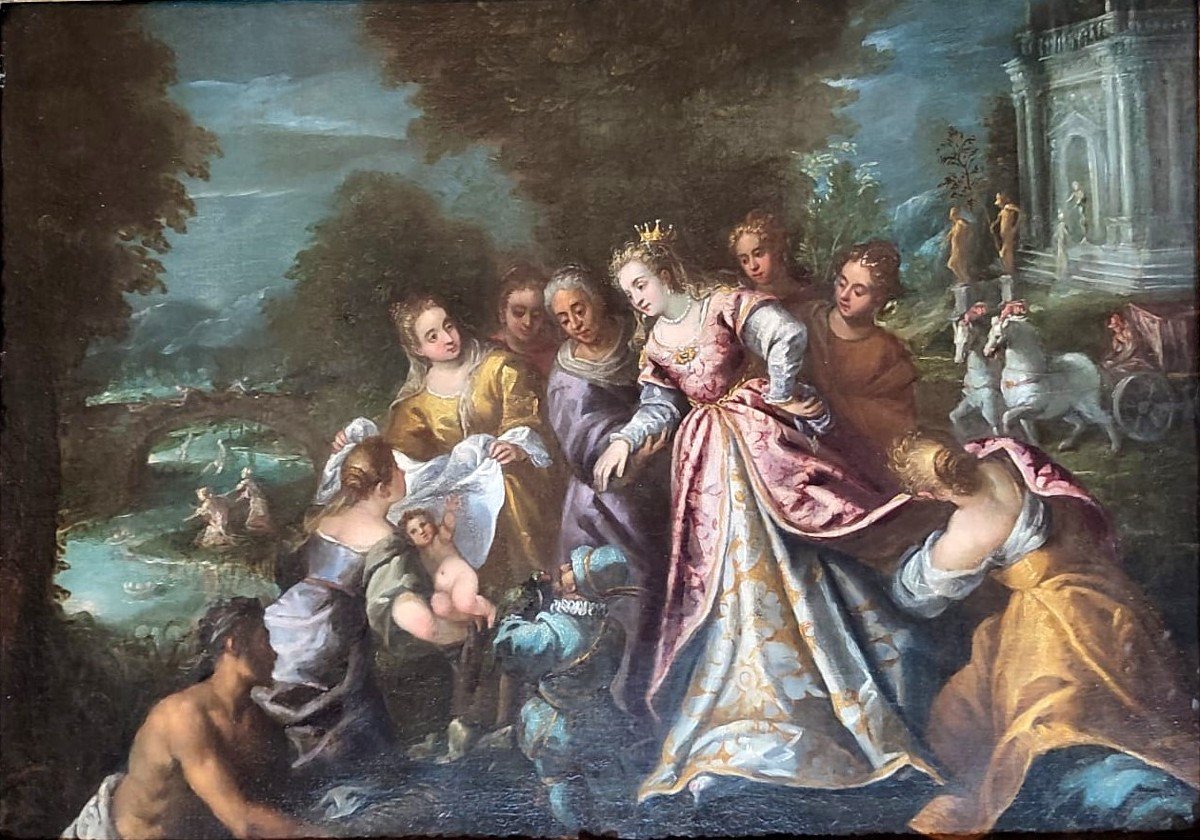 Andrea Vicentino - Moïse sauvé des eaux. Tableau dans son cadre d'origine sculpté et doré.-photo-2