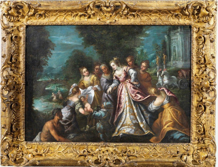 Andrea Vicentino - Moïse sauvé des eaux. Tableau dans son cadre d'origine sculpté et doré.