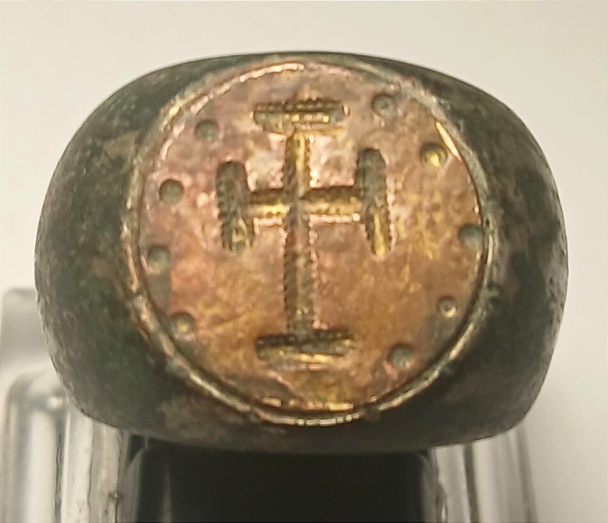 Silver Templar Pinky Ring With A Cross-shaped Seal Surrounded By Small Beads. 13th Century